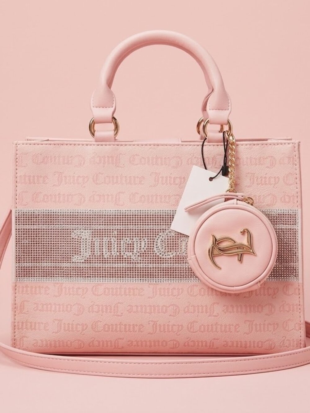 NWT Juicy Couture Light Pink & White Bling Tote Bag w/ Pouch